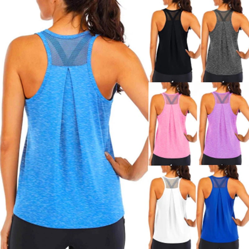 Women wearing sleeveless racerback tank tops in various colors including blue, black, grey, pink, purple, white, and royal blue, shown from the back